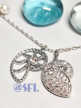 Swarovski Shell Nautilus Necklace Pendant With Pearl Silver Tone Clear Crystals